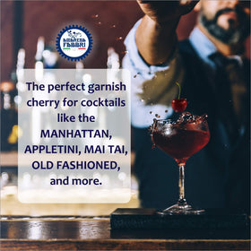 Fabbri Amarena cherries cocktail garnish setup, perfect for Old Fashioned or Manhattan.