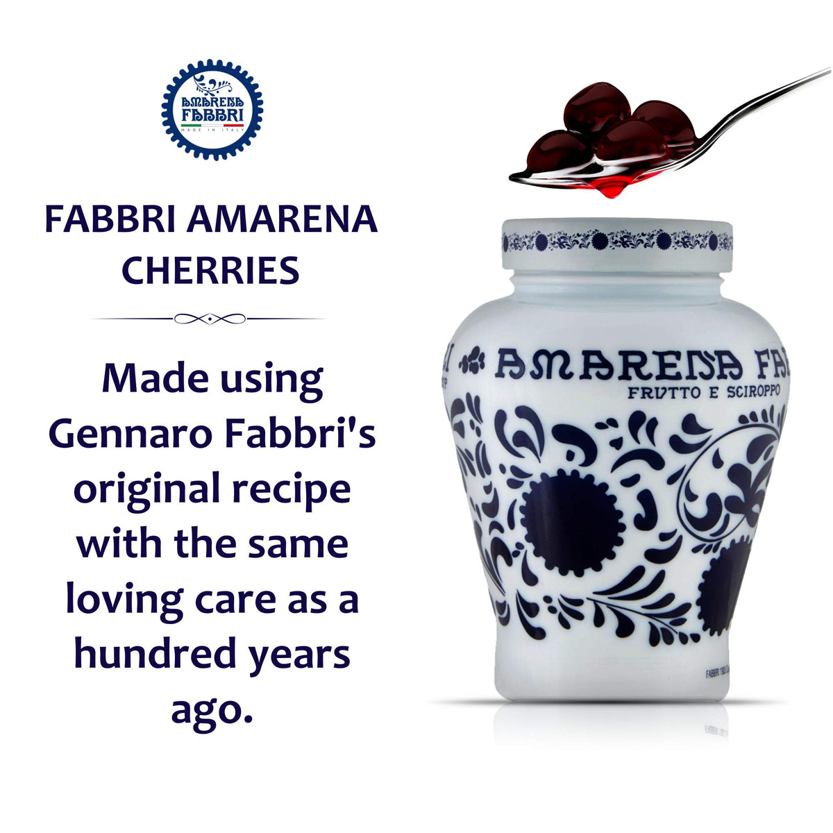 Fabbri Amarena Wild Cherries in Syrup close up, deep color enhances desserts.