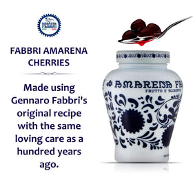 Fabbri Amarena Wild Cherries in Syrup close up, deep color enhances desserts.