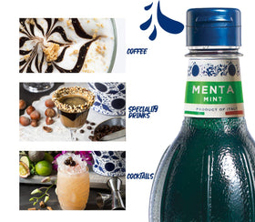 Fabbri mint syrup drinks setup shows versatile flavor for drinks and desserts.