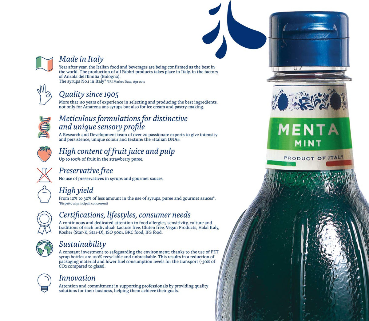 Fabbri mint syrup close-up, pouring into a glass, enriching beverages with aroma.