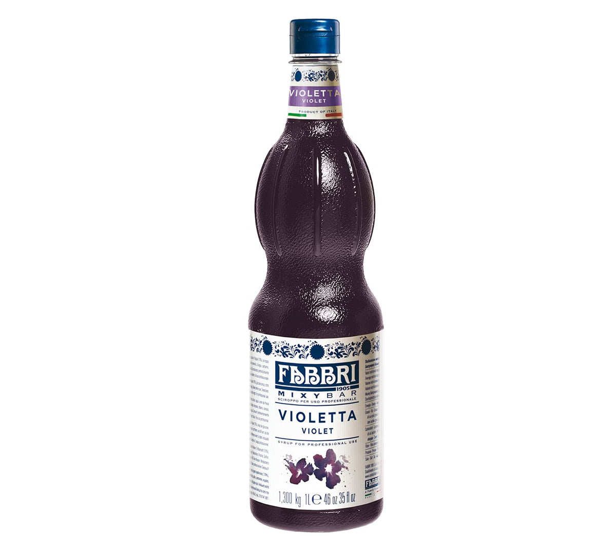 Fabbri violet flavoring syrup bottle with flip cap for easy pour in drinks