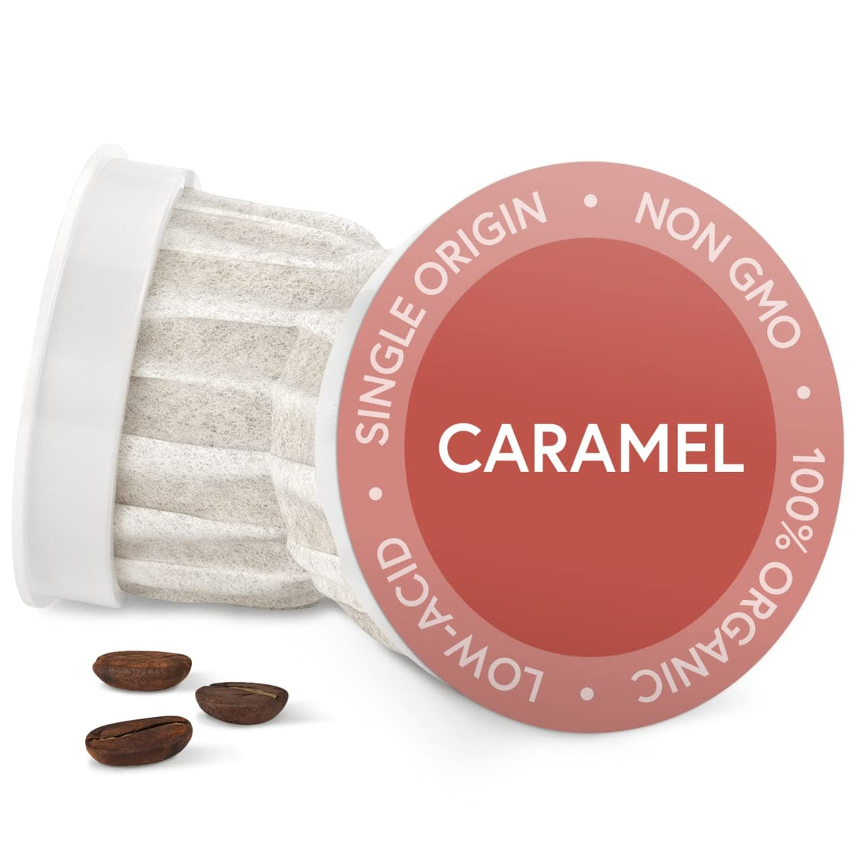 Fabula caramel medium-roast coffee pods for Keurig brewers deliver smooth flavor with low acidity.