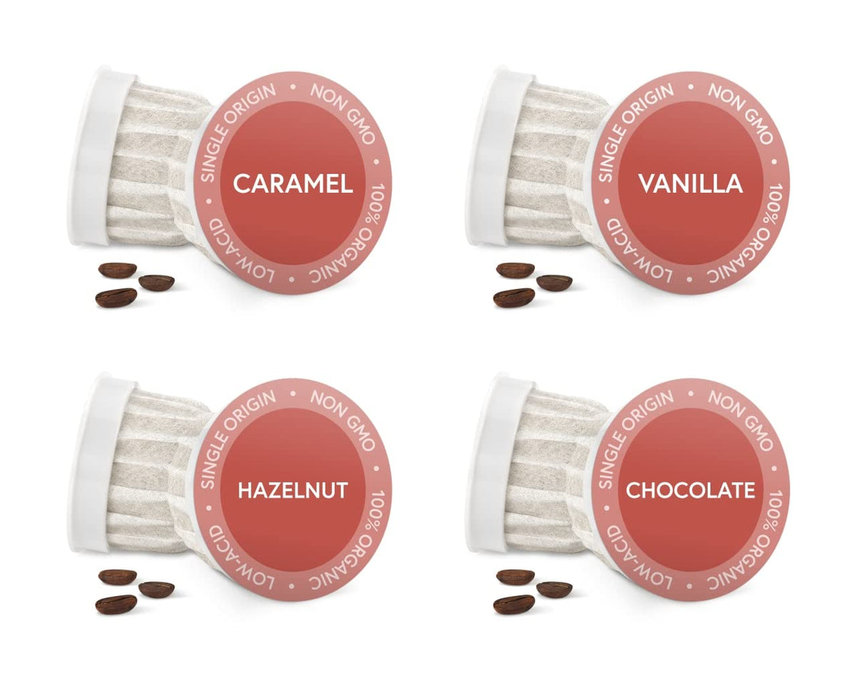 Fabula caramel-vanilla-hazelnut-chocolate sampler pods for a flavorful, low-acid morning cup.