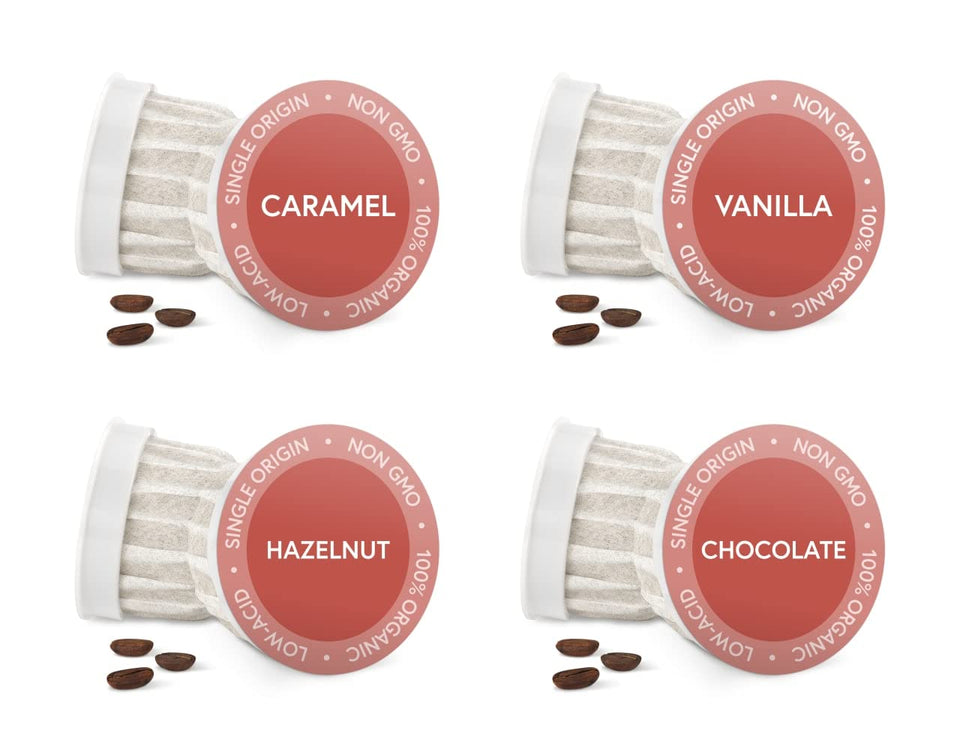 Fabula caramel-vanilla-hazelnut-chocolate sampler pods for a flavorful, low-acid morning cup.
