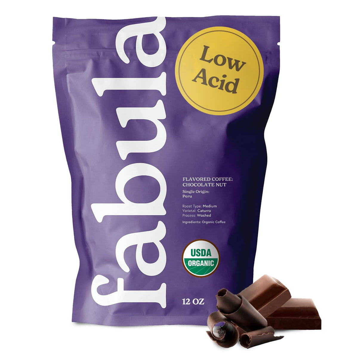Fabula chocolate-nut flavored organic coffee pack, fresh aroma for a smooth, low-acid cup.