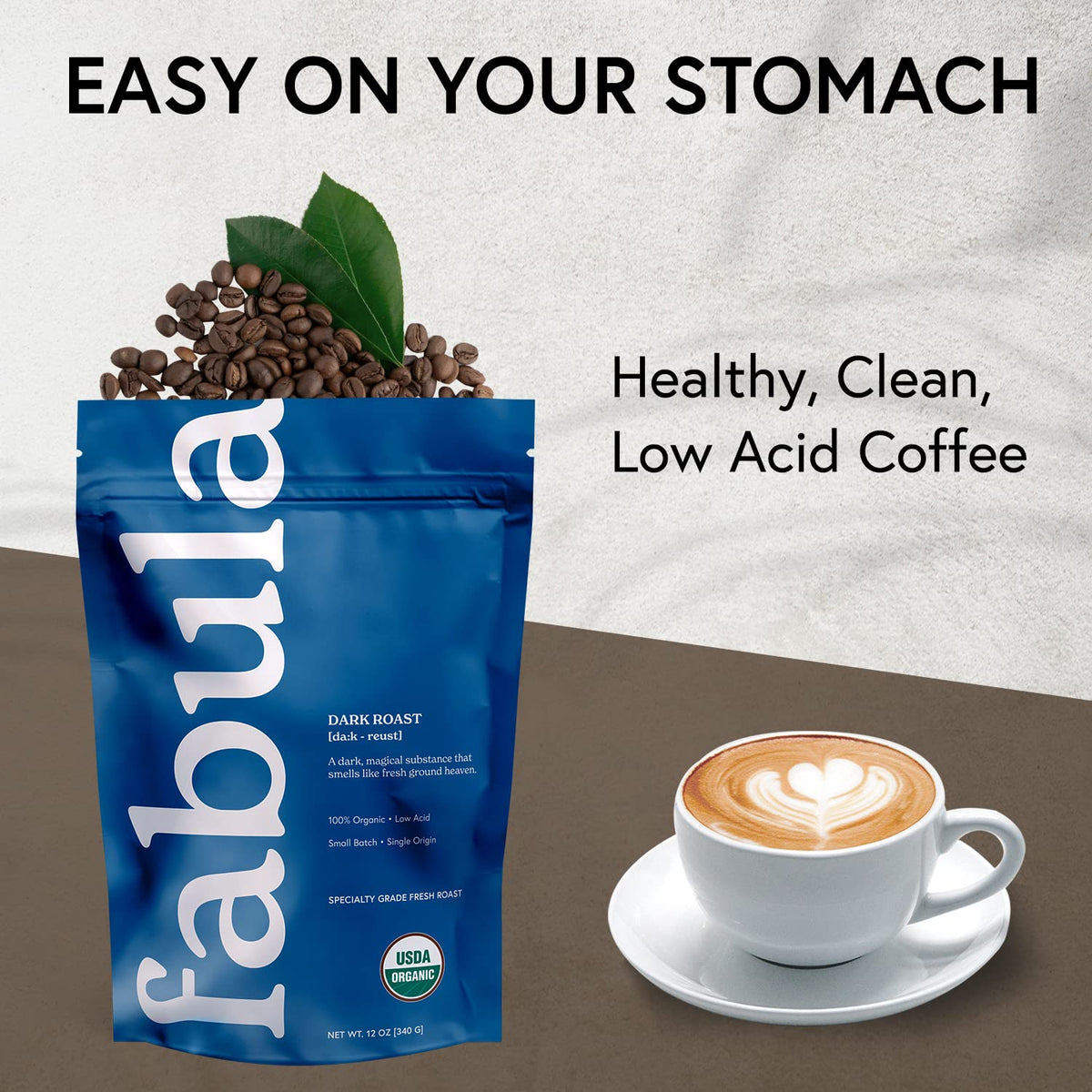 Fabula Dark Roast espresso shot showcasing bold, low-acid base.