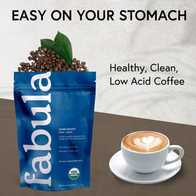 Fabula Dark Roast espresso shot showcasing bold, low-acid base.