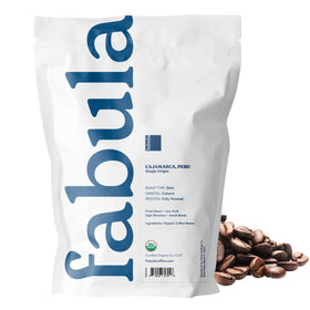 Fabula Dark Roast bag back label highlighting organic and fair trade.