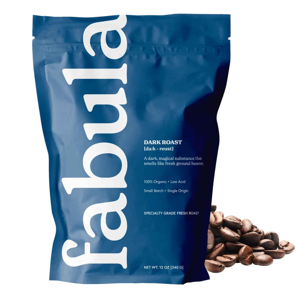 Fabula Dark Roast whole beans front view, rich aroma and smooth profile.