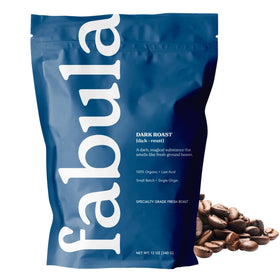 Fabula Dark Roast whole beans front view, rich aroma and smooth profile.
