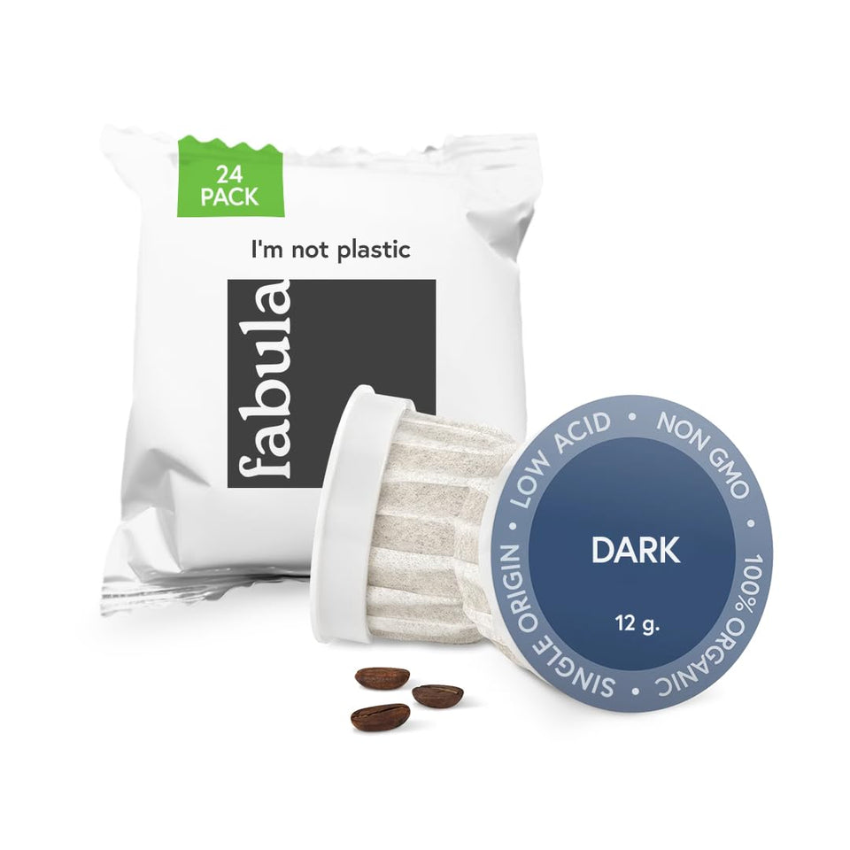 Fabula dark roast coffee pods packaging preserves freshness.