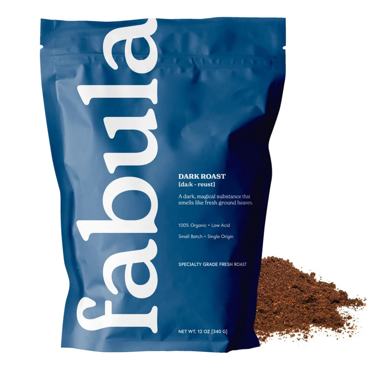Fabula Dark Roast packshot showing fresh, mold-free organic coffee for morning ritual