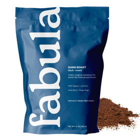 Fabula Dark Roast packshot showing fresh, mold-free organic coffee for morning ritual