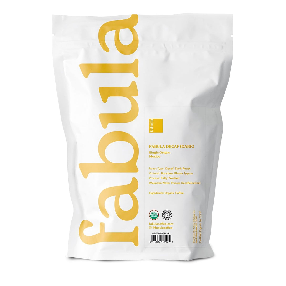 Fabula decaf dark roast label close-up showing organic certification and Swiss Water process