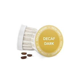 Fabula decaf dark roast pod showing rich aroma for a smooth morning.