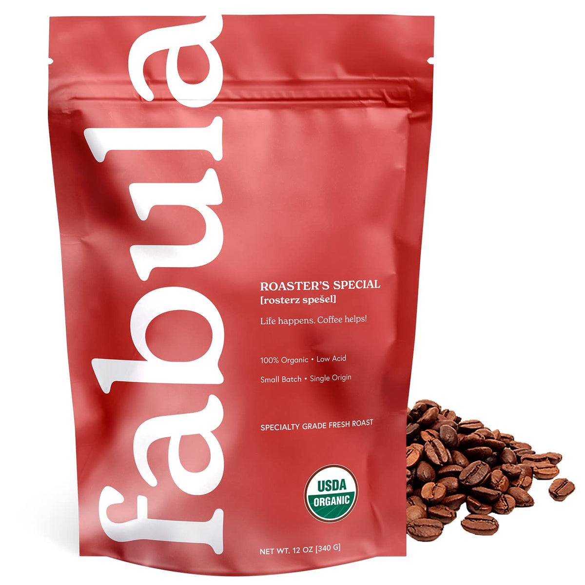 Fabula Half-Caf whole beans with balanced flavor and lower caffeine impact.