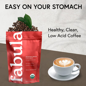 Packaging highlights fresh roast and eco-friendly materials for Fabula Half-Caf.