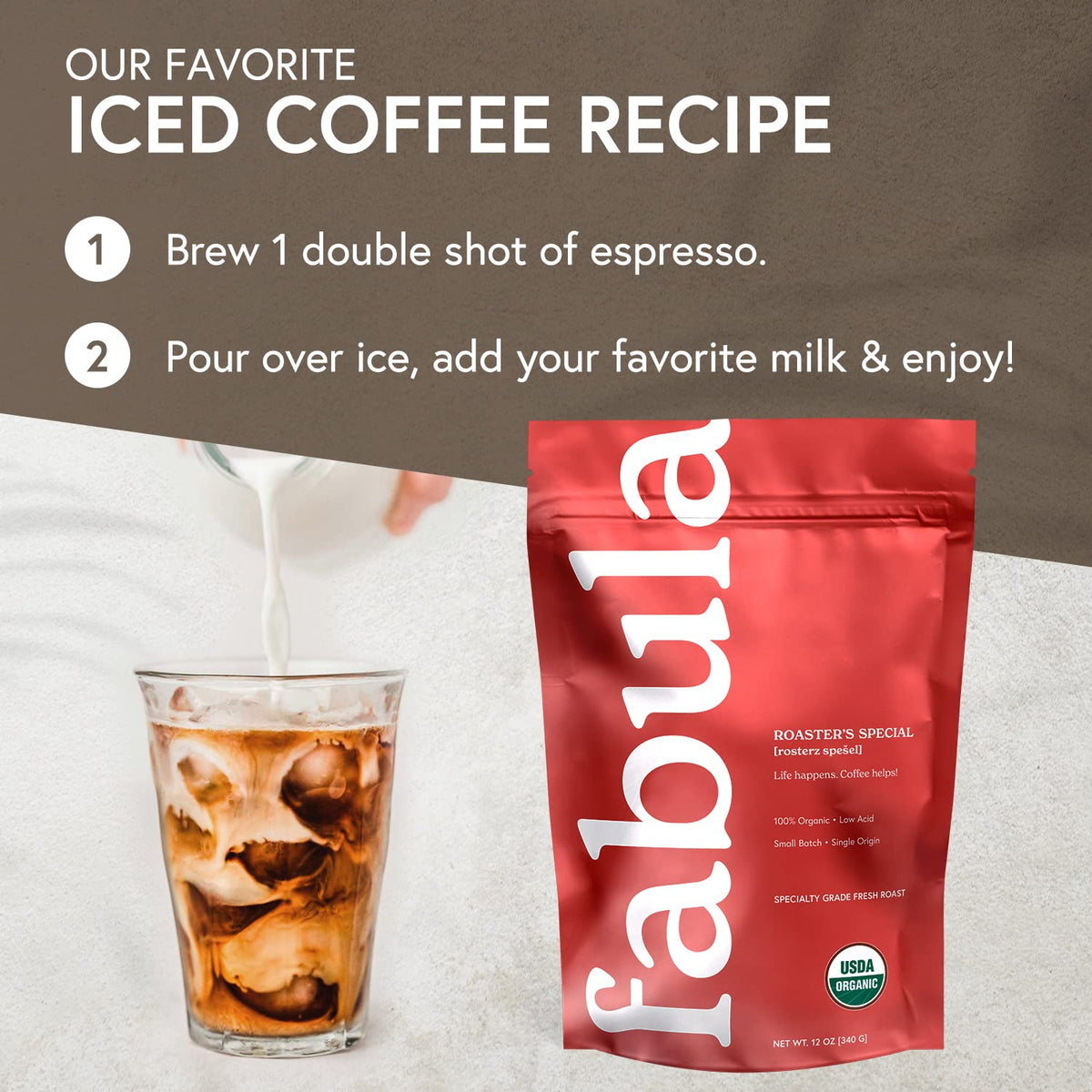 Roast-to-cup image emphasizes peak freshness of Fabula Half-Caf.