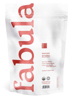 Fabula Half-Caff aroma-steaming cup signals inviting scent and smooth flavor.