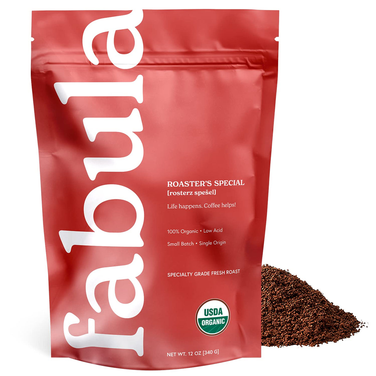 Fabula Half-Caff ground coffee in a bag highlights freshness and low acidity.