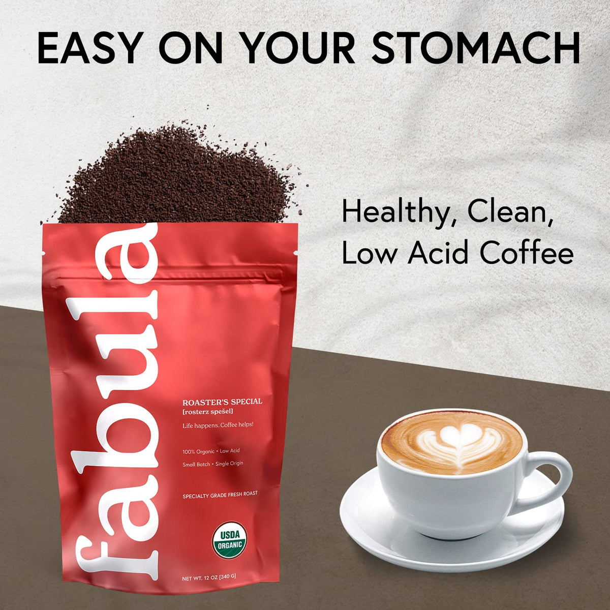 Fabula Half-Caff organic-label confirms organic sourcing and clean ingredients.