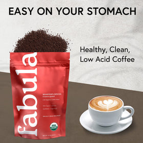 Fabula Half-Caff organic-label confirms organic sourcing and clean ingredients.