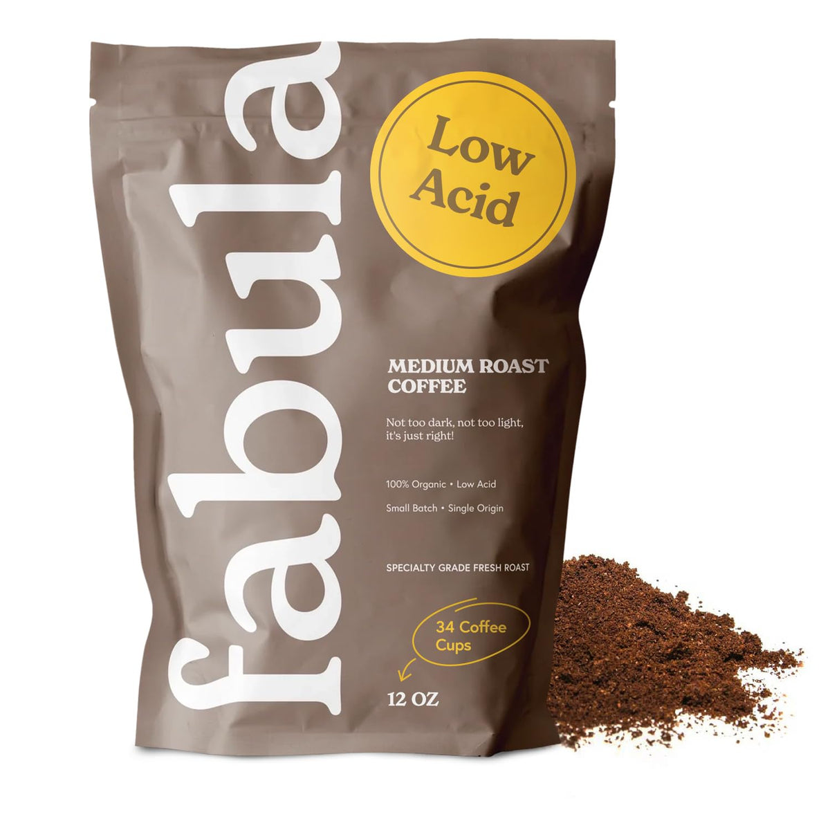 Fabula low acid coffee bag front showcasing organic origin and clean, mold-free promise.