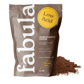 Fabula low acid coffee bag front showcasing organic origin and clean, mold-free promise.
