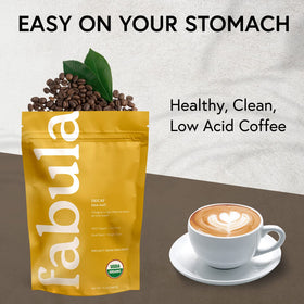 Cup of Fabula low-acid coffee highlighting smooth, mild profile.