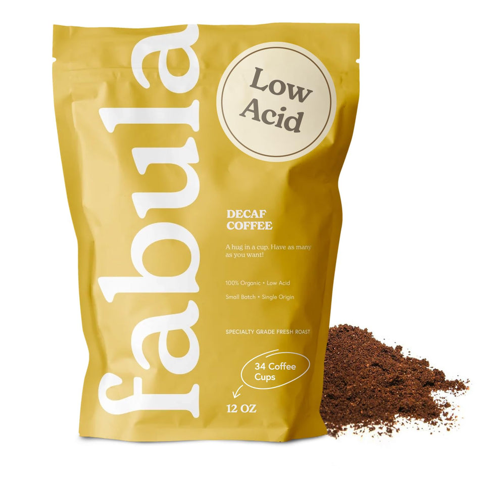 Fabula low acid decaf ground in bag showing fresh flavor and smooth finish