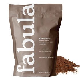 Fabula organic coffee bag label highlights clean, low-acid options for brewing