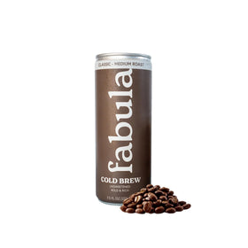 Fabula Organic Cold Brew can with praline notes; smooth, low-acid flavor.