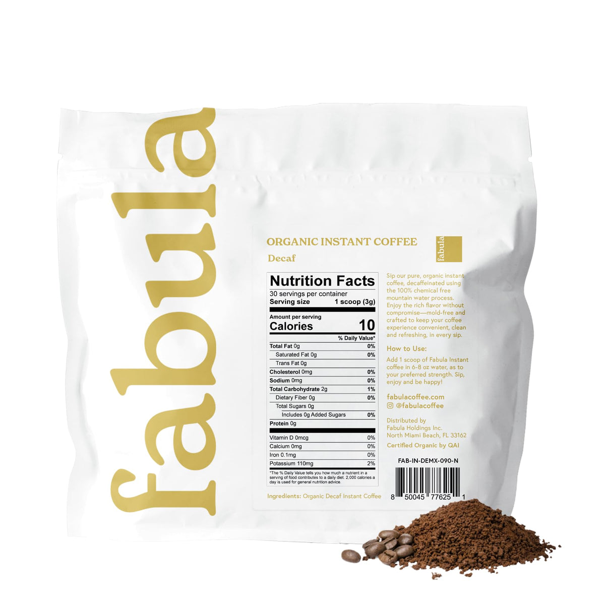 Fabula Organic Instant Decaf Coffee cup emphasizes quick-dissolve convenience and smooth flavor.