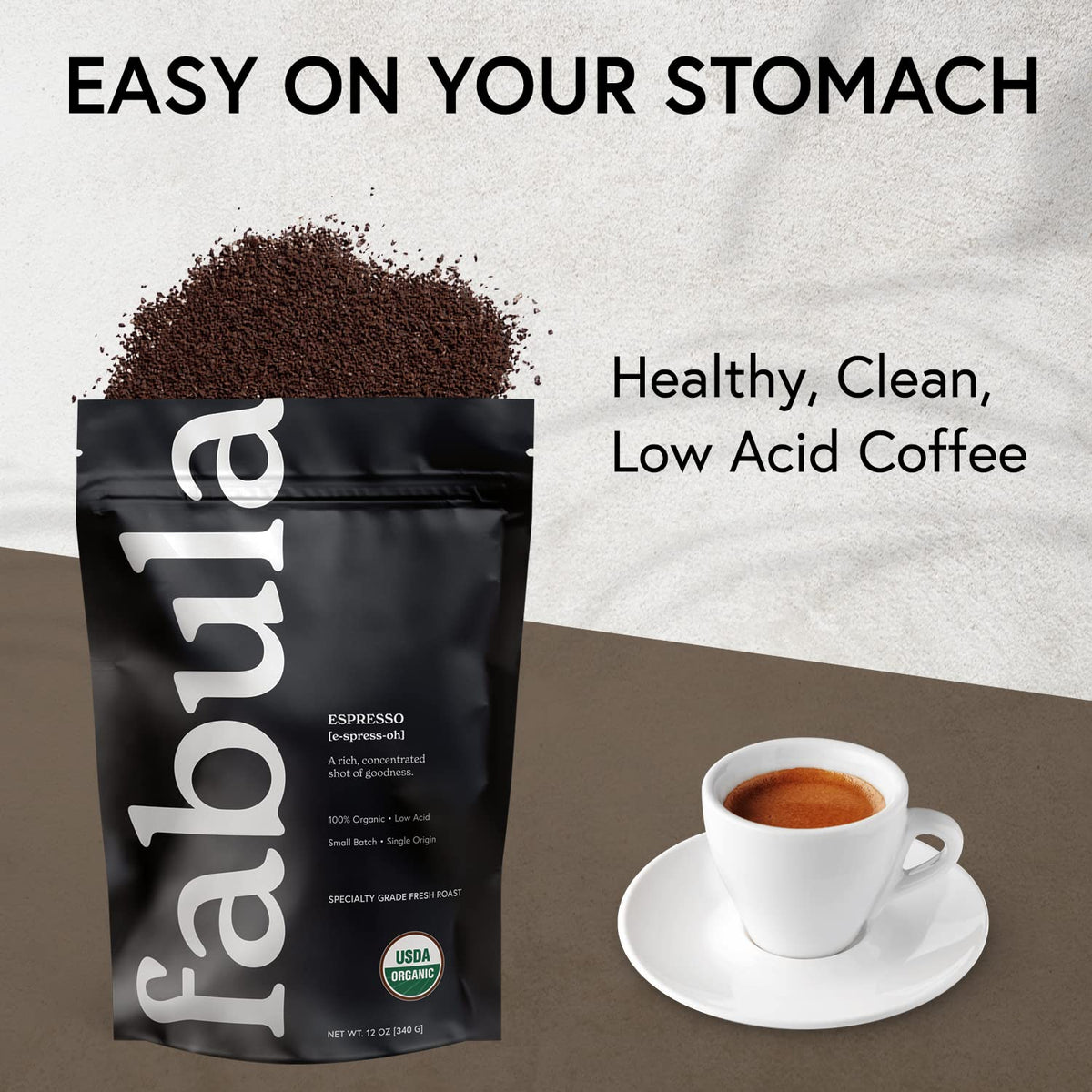 Fabula espresso cup with steam signals fresh, peak-flavor coffee.