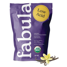 Fabula vanilla flavored organic coffee grounds ready for a smooth, low-acid brew