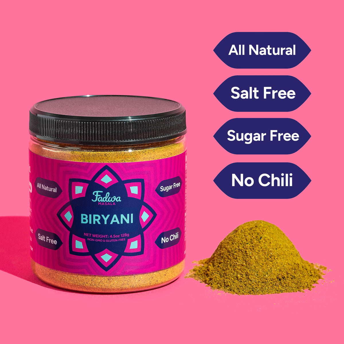 Fadwa Masala Biryani Spice Mix bottle top view highlights resealable packaging for freshness.