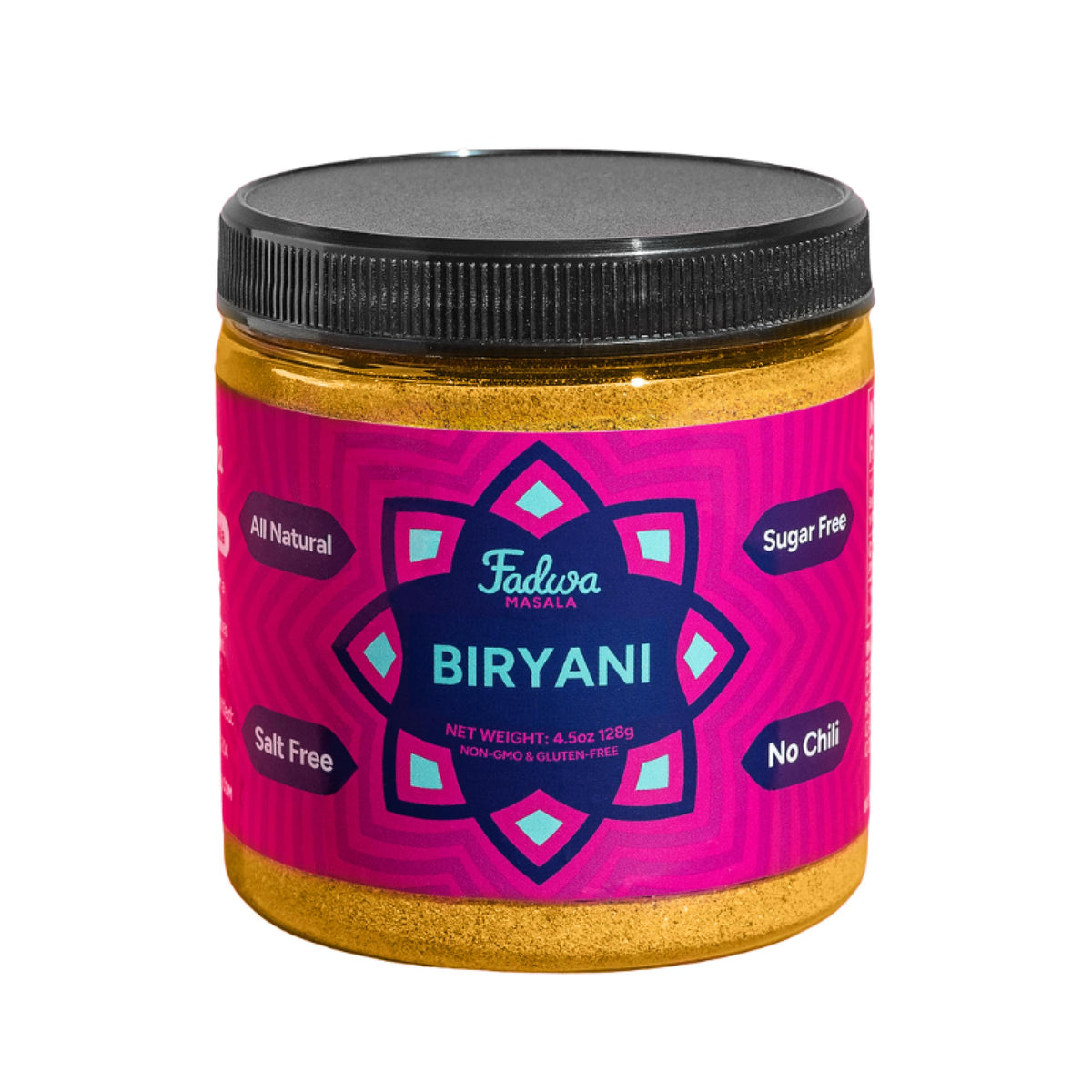 Fadwa Masala Biryani Spice Mix jar front shows premium desi flavors for authentic home cooking.
