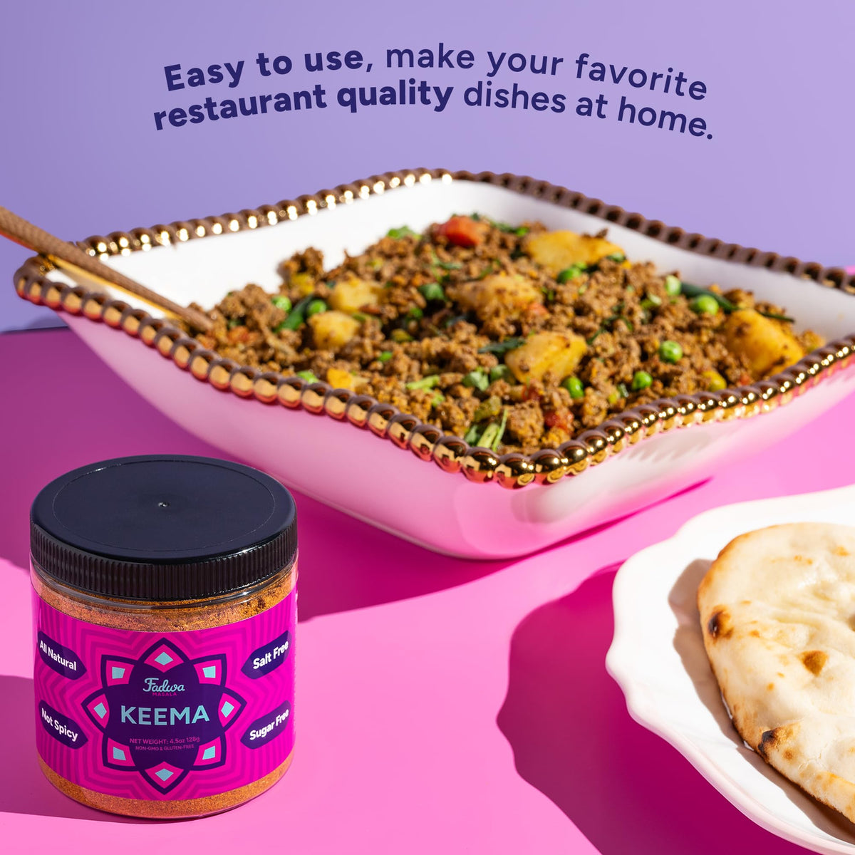Ingredients highlight garam masala and turmeric in Fadwa Keema Spice.