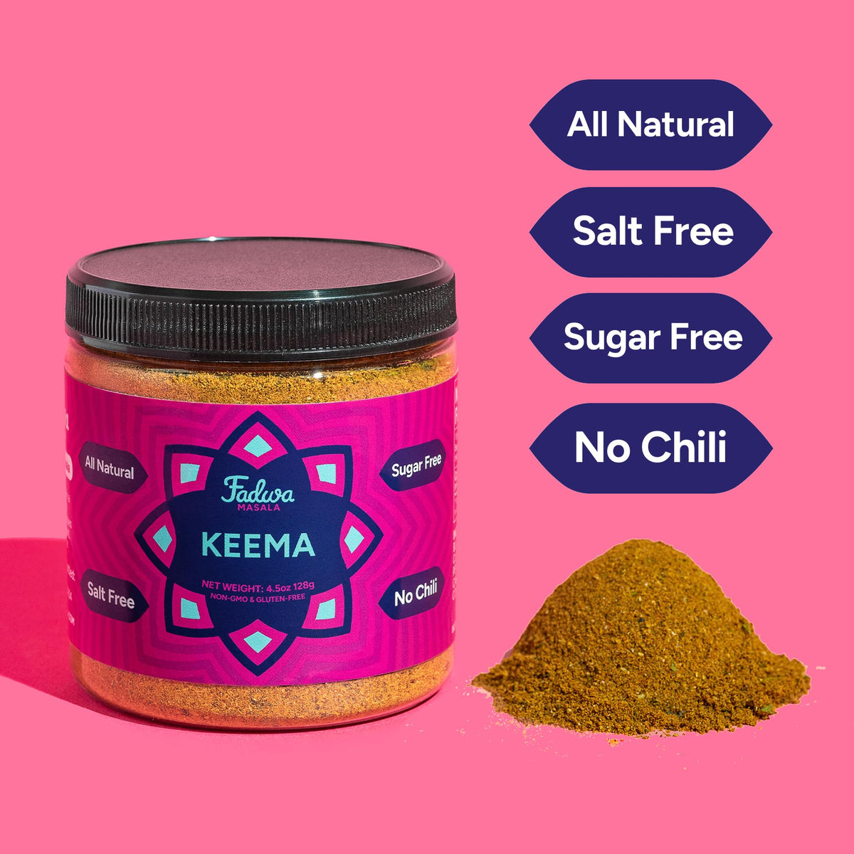 Closeup of Fadwa Masala Keema Spice jar showing premium blend aroma.