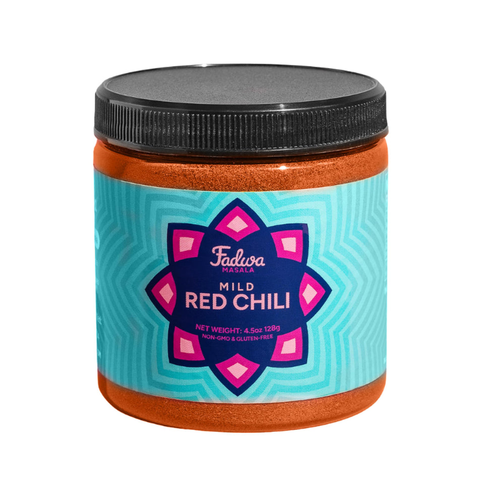 Fadwa Masala Mild Red Chili Powder in a jar adds color to desi curries with mild flavor.