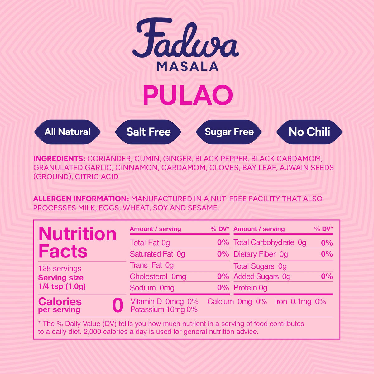 Fadwa Masala Pulao Spice Mix jar label close-up, gluten-free quality