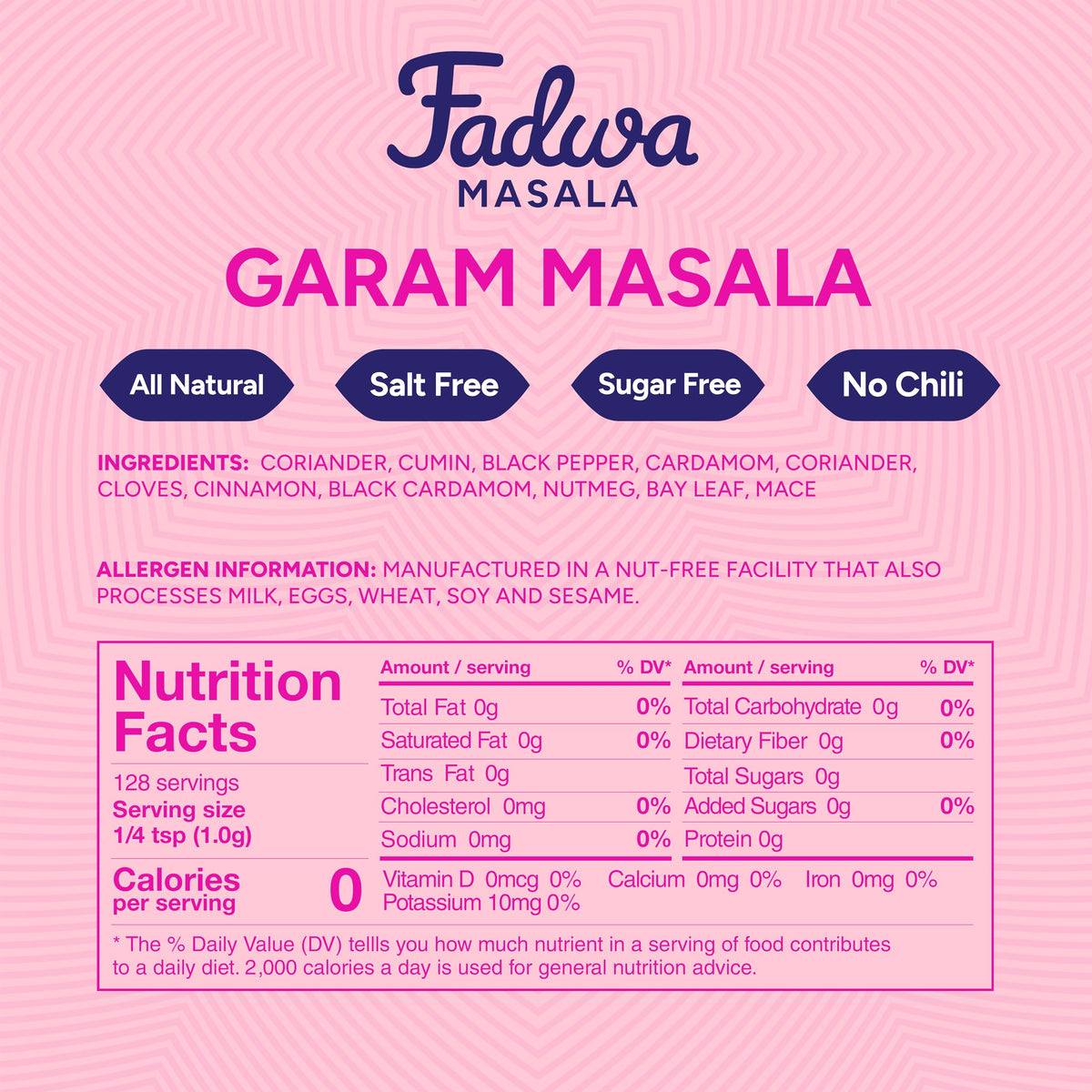 Fadwa Masala spice jar shows garam masala and turmeric for bold aroma