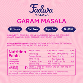 Fadwa Masala spice jar shows garam masala and turmeric for bold aroma