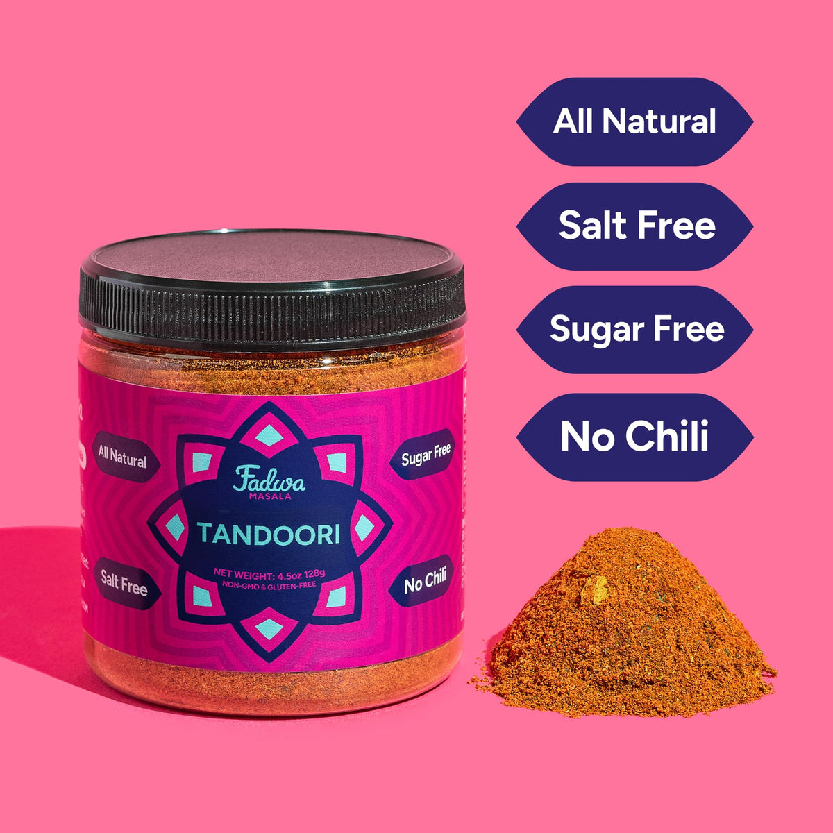 Fadwa Masala Tandoori label close-up showing all-natural ingredients