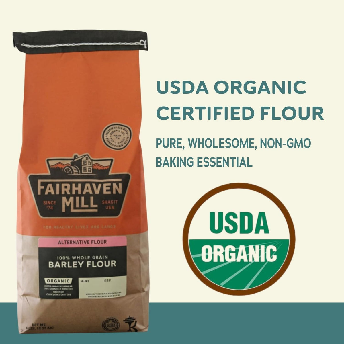 Fairhaven Mill Barley Flour open bag pour, showing light texture ideal for breads