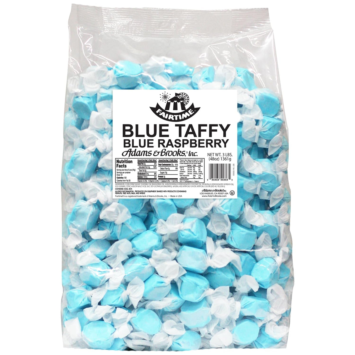 Fairtime blue raspberry taffy bag front highlighting brand for party displays.