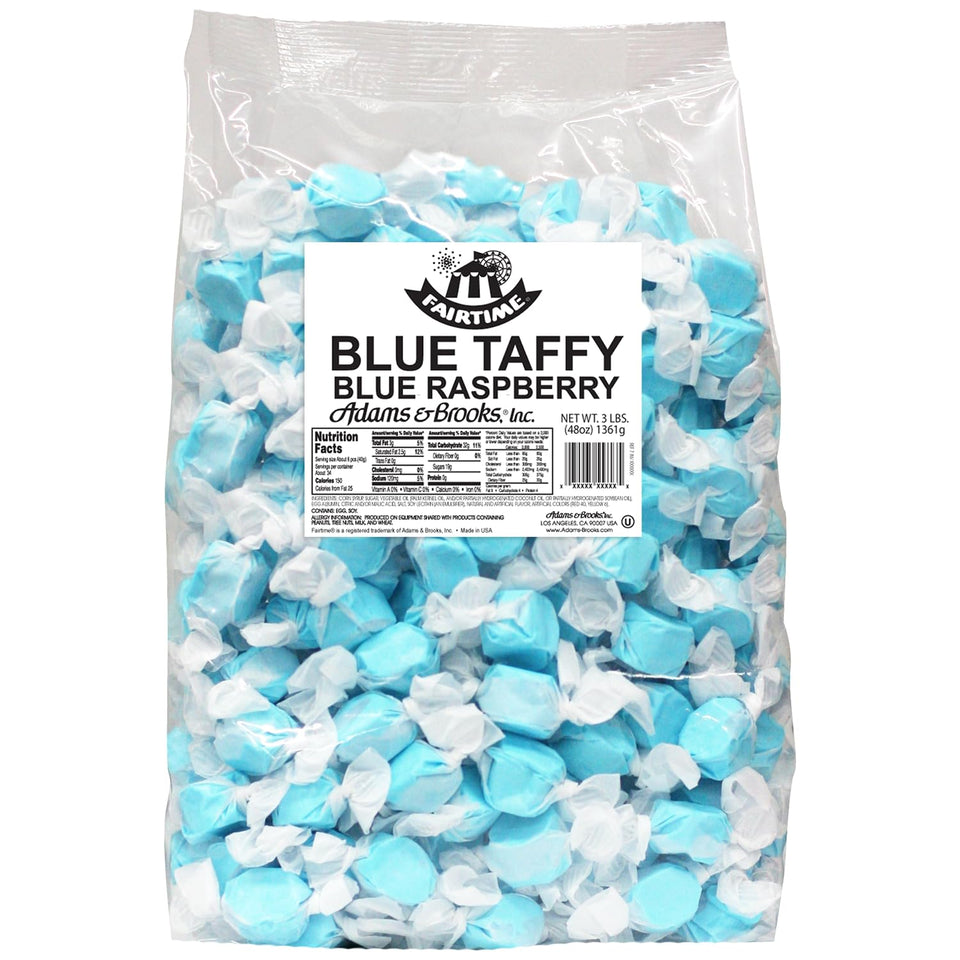 Fairtime blue raspberry taffy bag front highlighting brand for party displays.