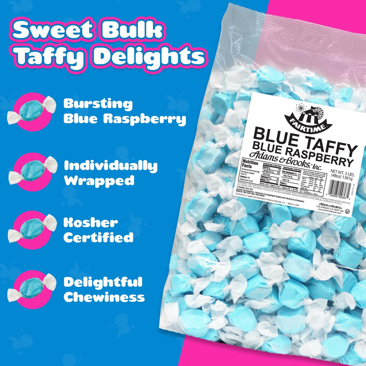 Fairtime blue raspberry taffy individually wrapped for easy sharing.
