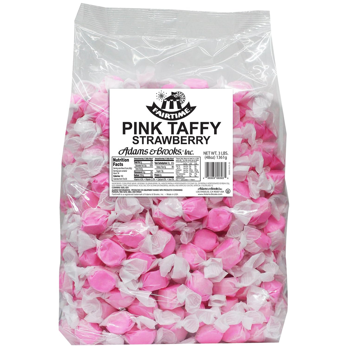 Fairtime pink strawberry taffy bulk bag close-up, ideal for buffets and parties